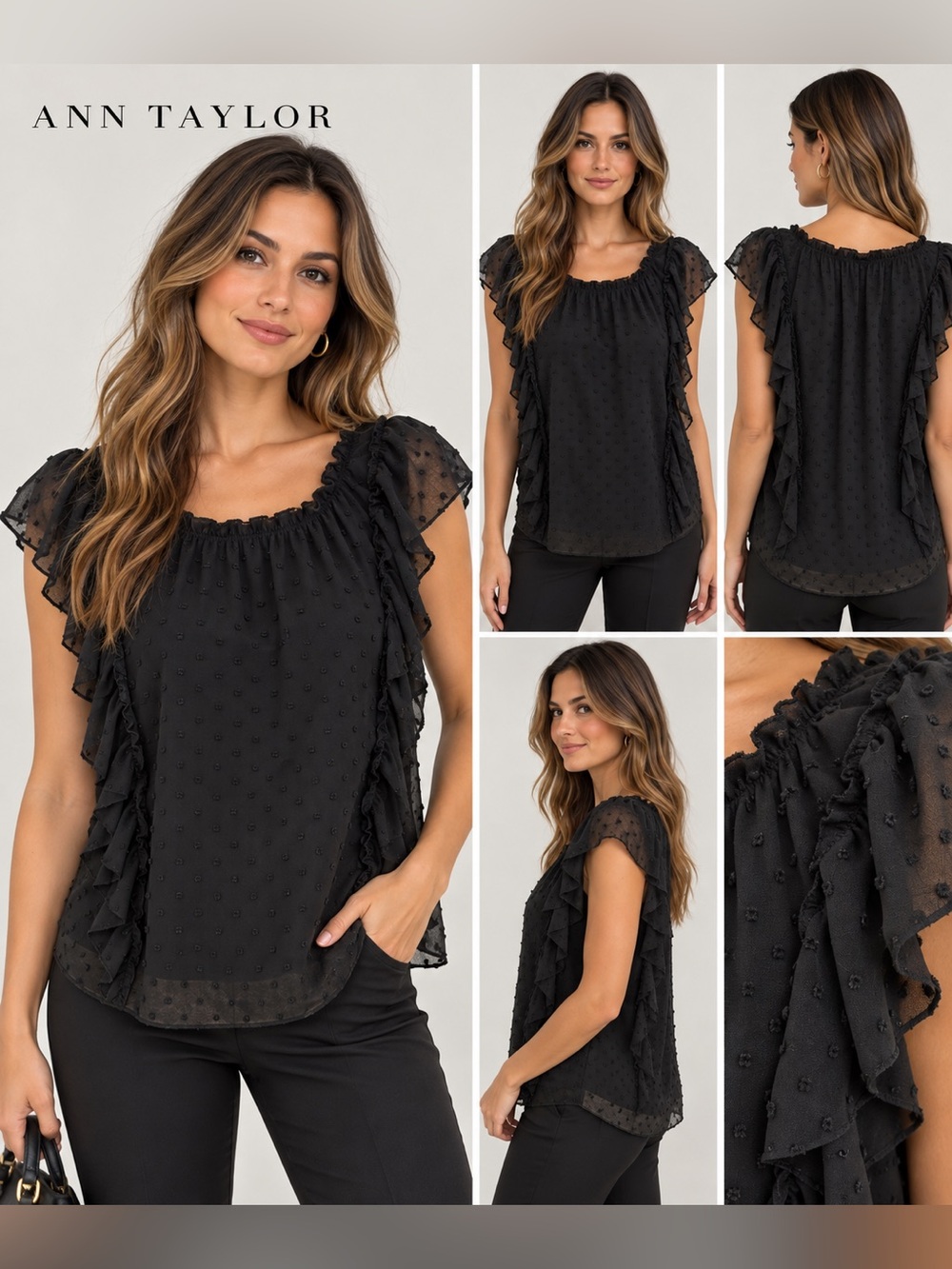 Ann Taylor Black Swiss Dot Ruffle Flutter Sleeve Blouse Size S